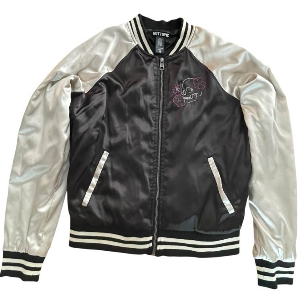 Hot Topic Embroidered Skull Satin Bomber Jacket - Black & Ivory - Picture 10 of 15
